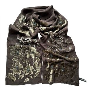 Ellen Tracy‎ Brown Silk Velvet Beaded Floral Embroidered Scarf